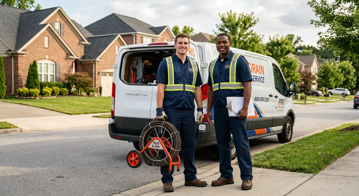 Sewer and drain service team with equipment ready for work in Stonecrest