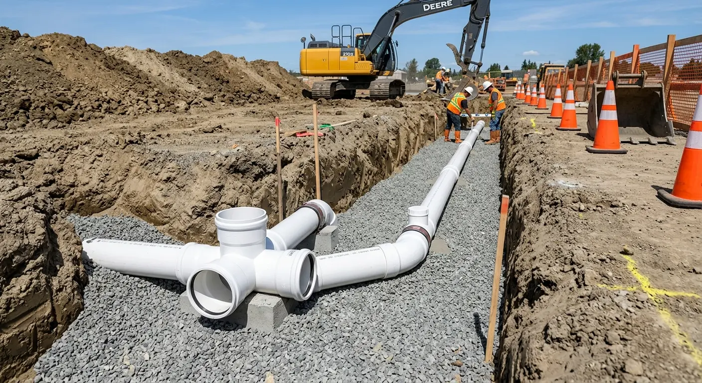 New PVC sewer pipe installation in open trench for Sewer Backup in Stonecrest