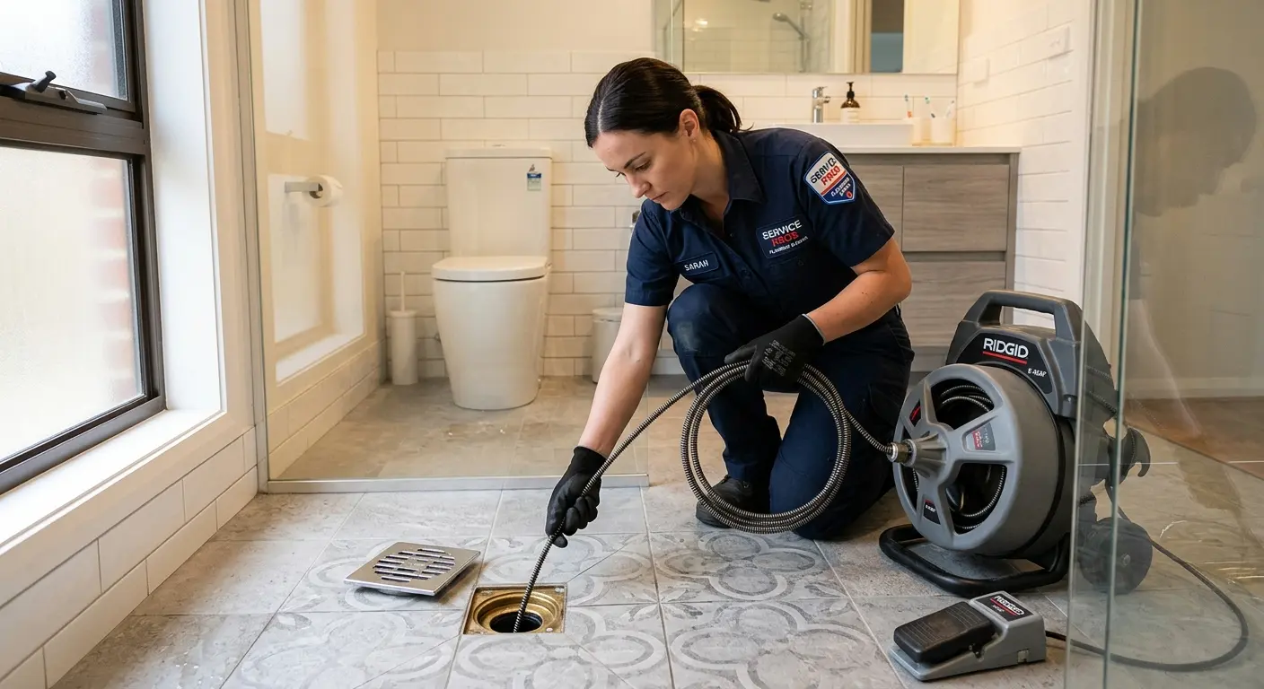 Technician clearing a bathroom floor drain for Sewer Line Replacement in Stonecrest